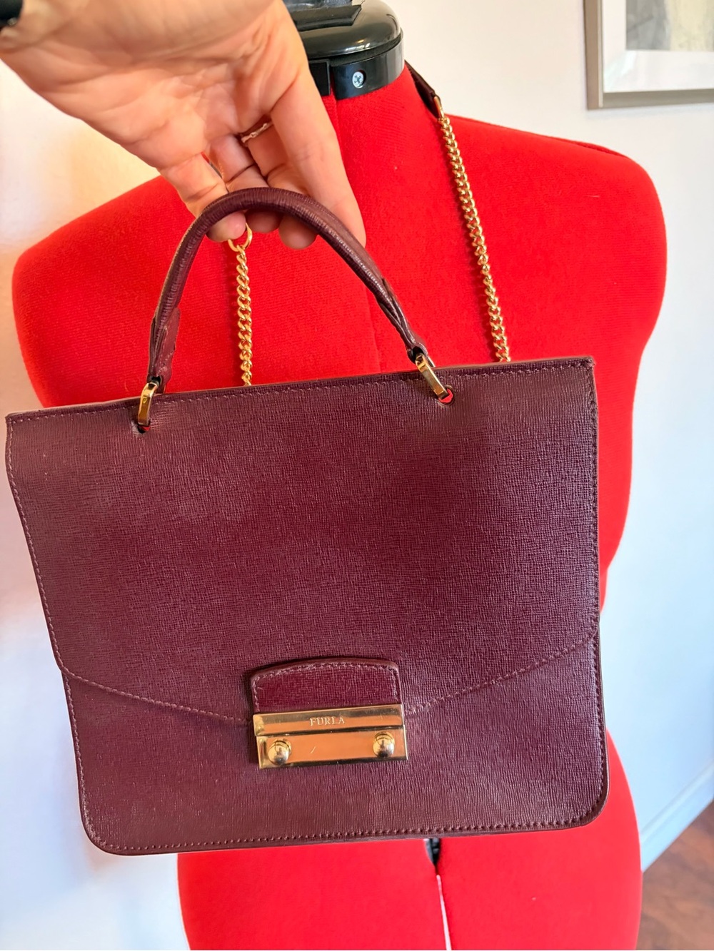 Furla Deep Burgundy Saffiano Leather Top-Handle Satchel with Gold Hardware - Vin